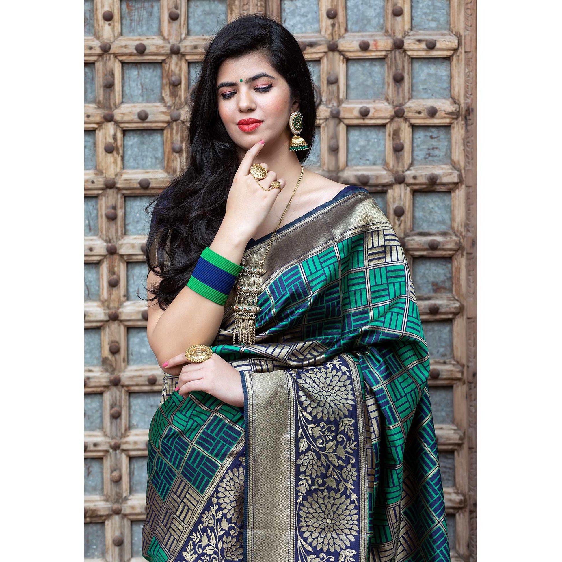 Eye-catching Navy Blue Colored Festive Wear Woven Banarasi Silk Saree