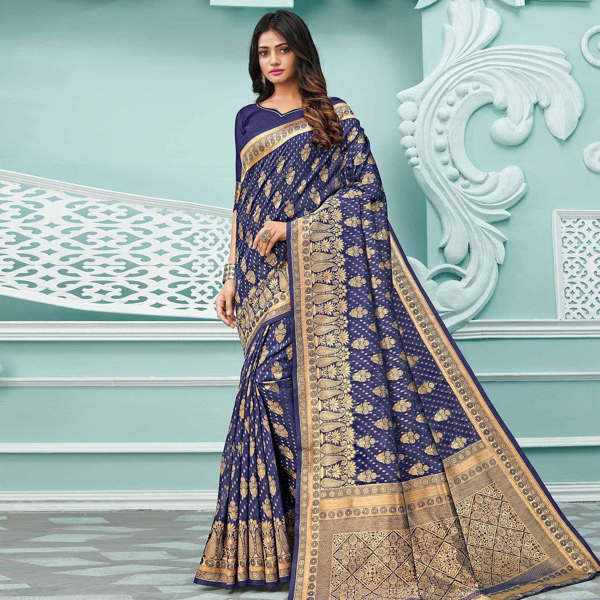 Eye-catching Navy Blue Colored Festive Wear Woven Cotton Handloom Saree