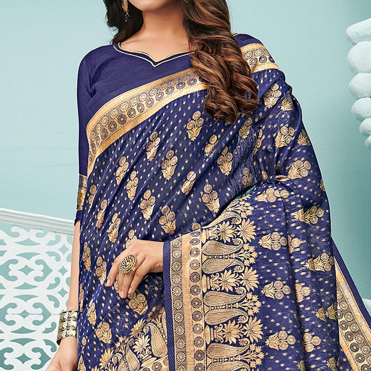 Eye-catching Navy Blue Colored Festive Wear Woven Cotton Handloom Saree