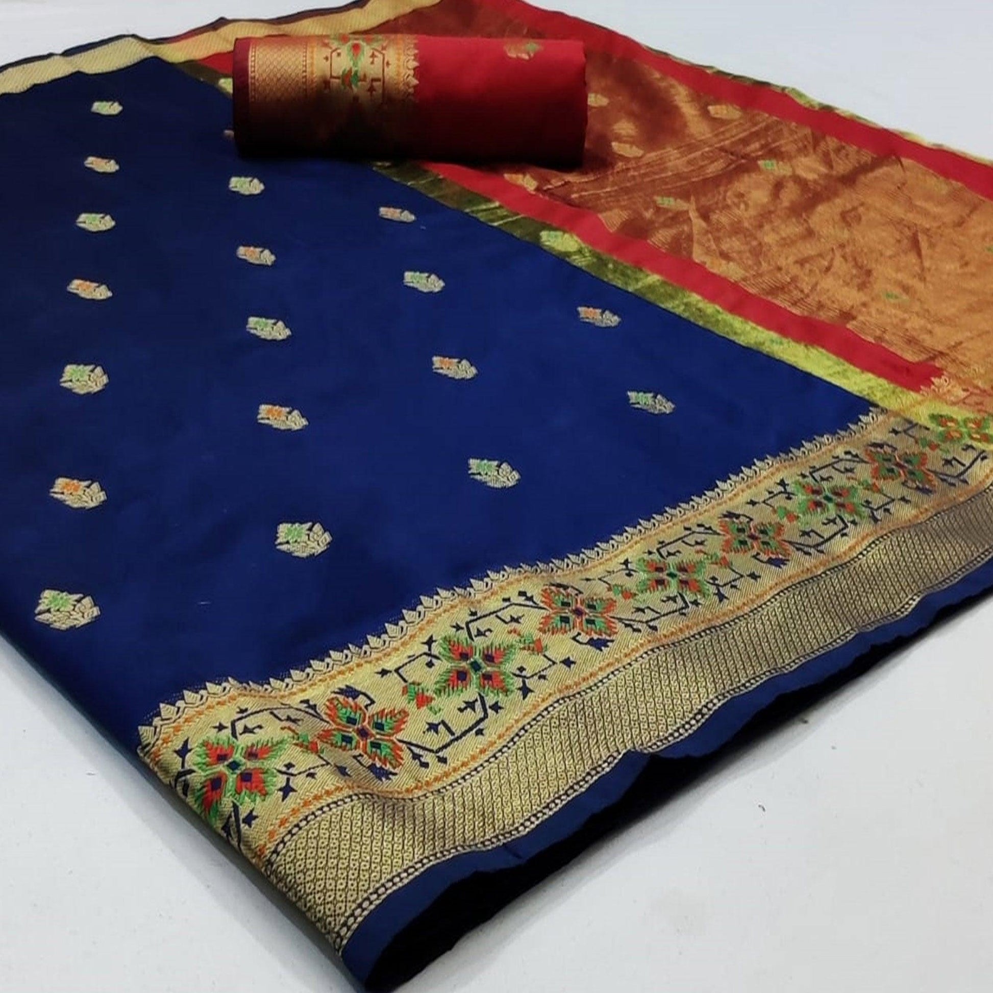 Eye-catching Navy Blue Colored Festive Wear Woven Silk Saree