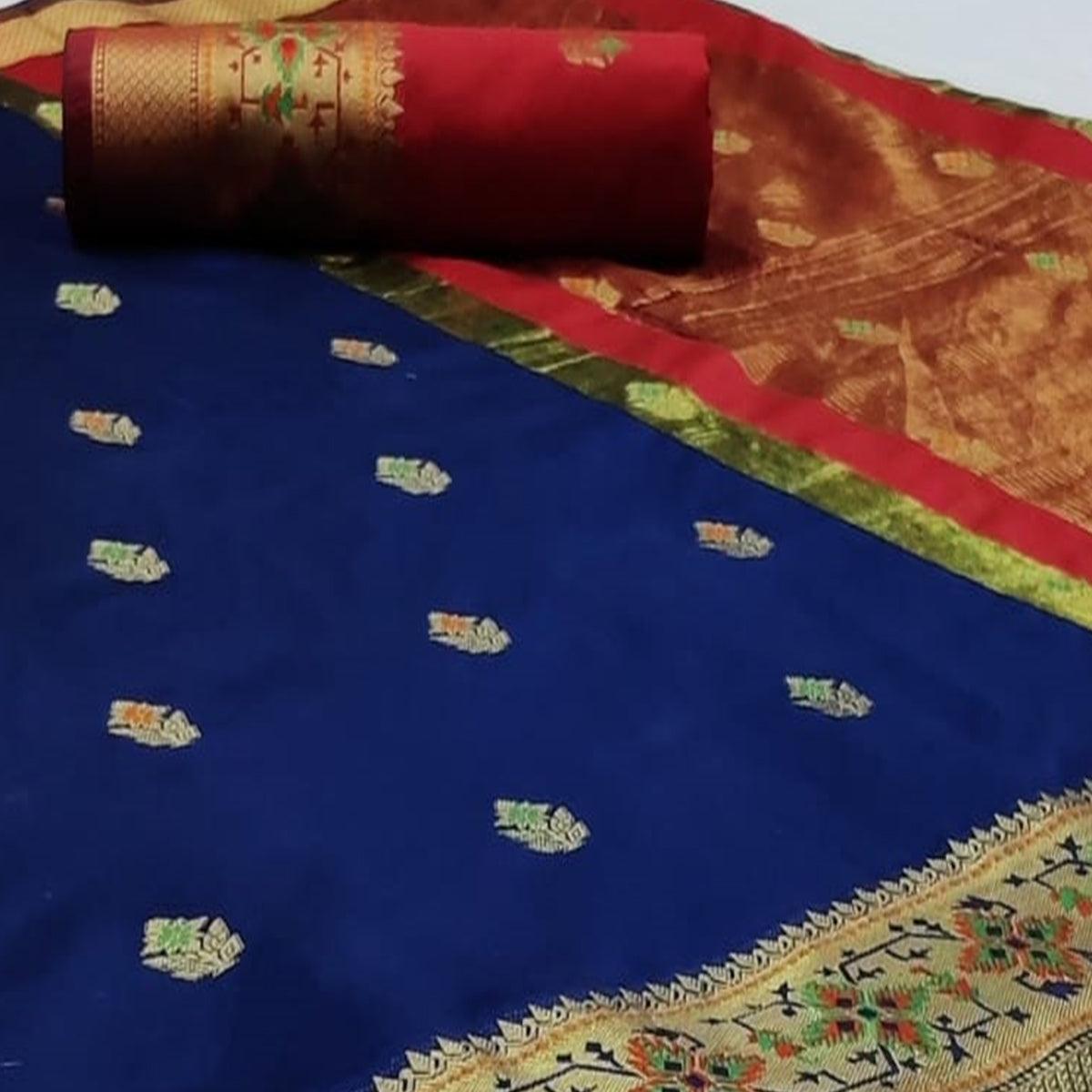 Eye-catching Navy Blue Colored Festive Wear Woven Silk Saree