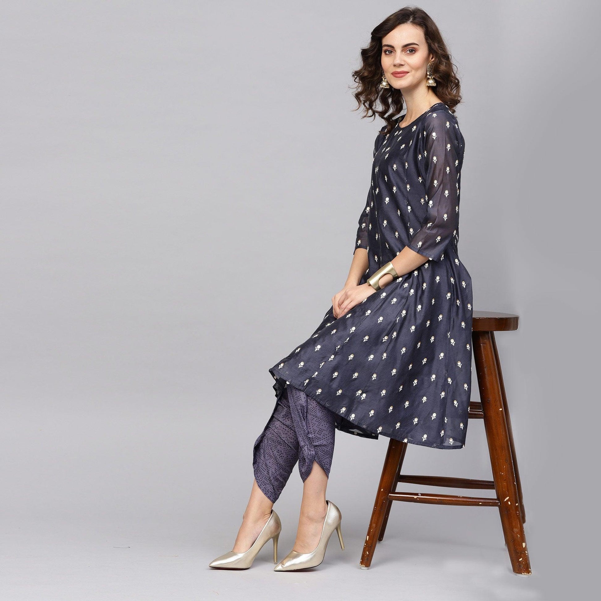 Eye-catching Navy Blue Colored Party Wear Embroidered Art Silk Kurti-Dhoti Set