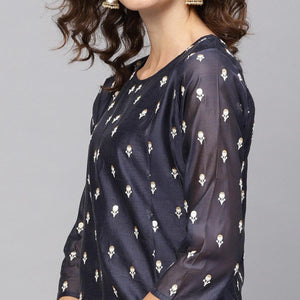 Eye-catching Navy Blue Colored Party Wear Embroidered Art Silk Kurti-Dhoti Set
