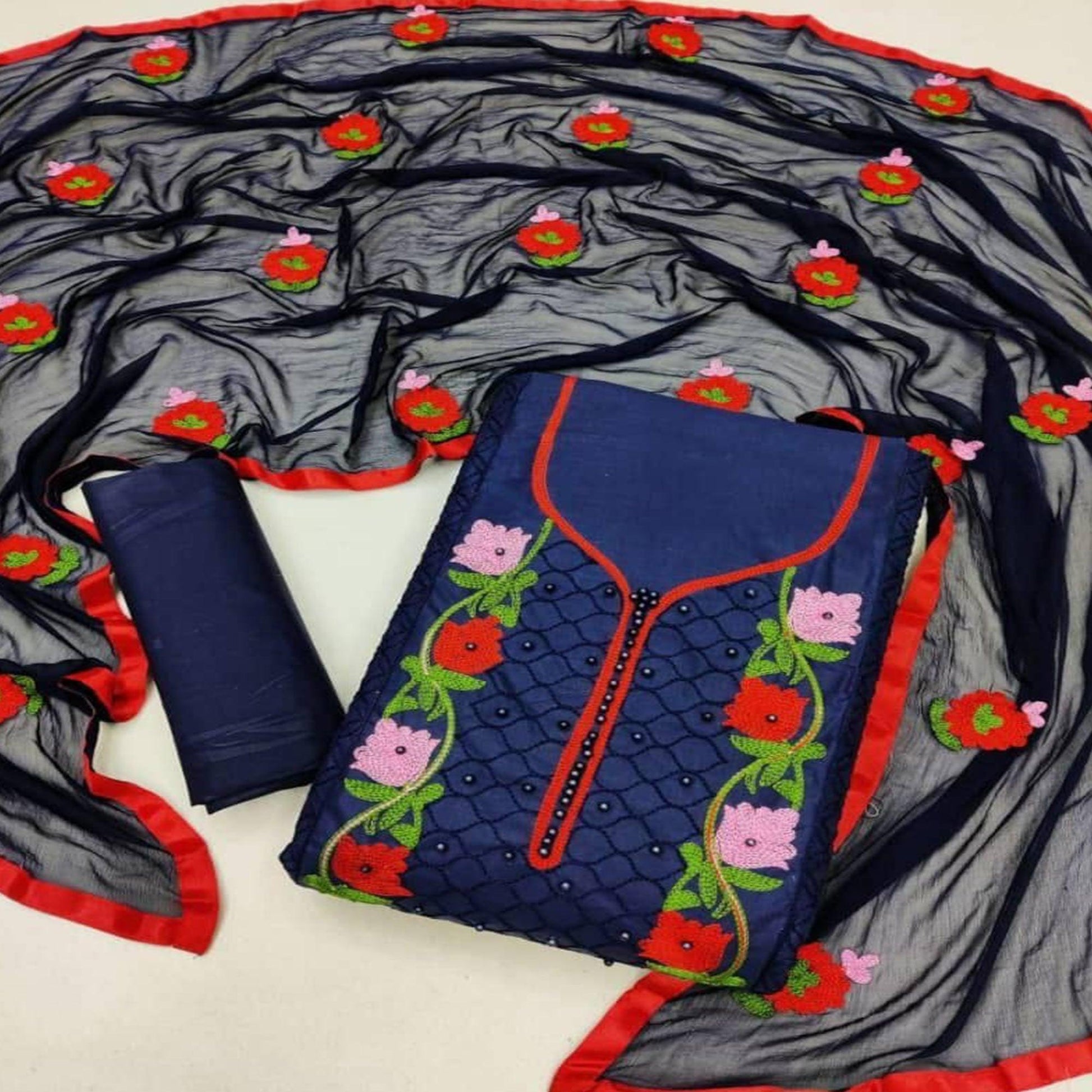 Eye-catching Navy Blue Coloured Neck Work Casual Wear Cotton Dress Material