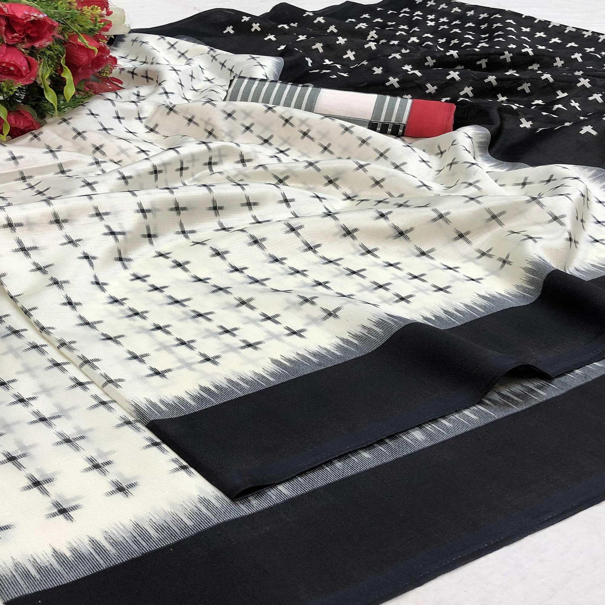 Eye-catching Offwhite Colored Casual Wear Printed Silk Saree