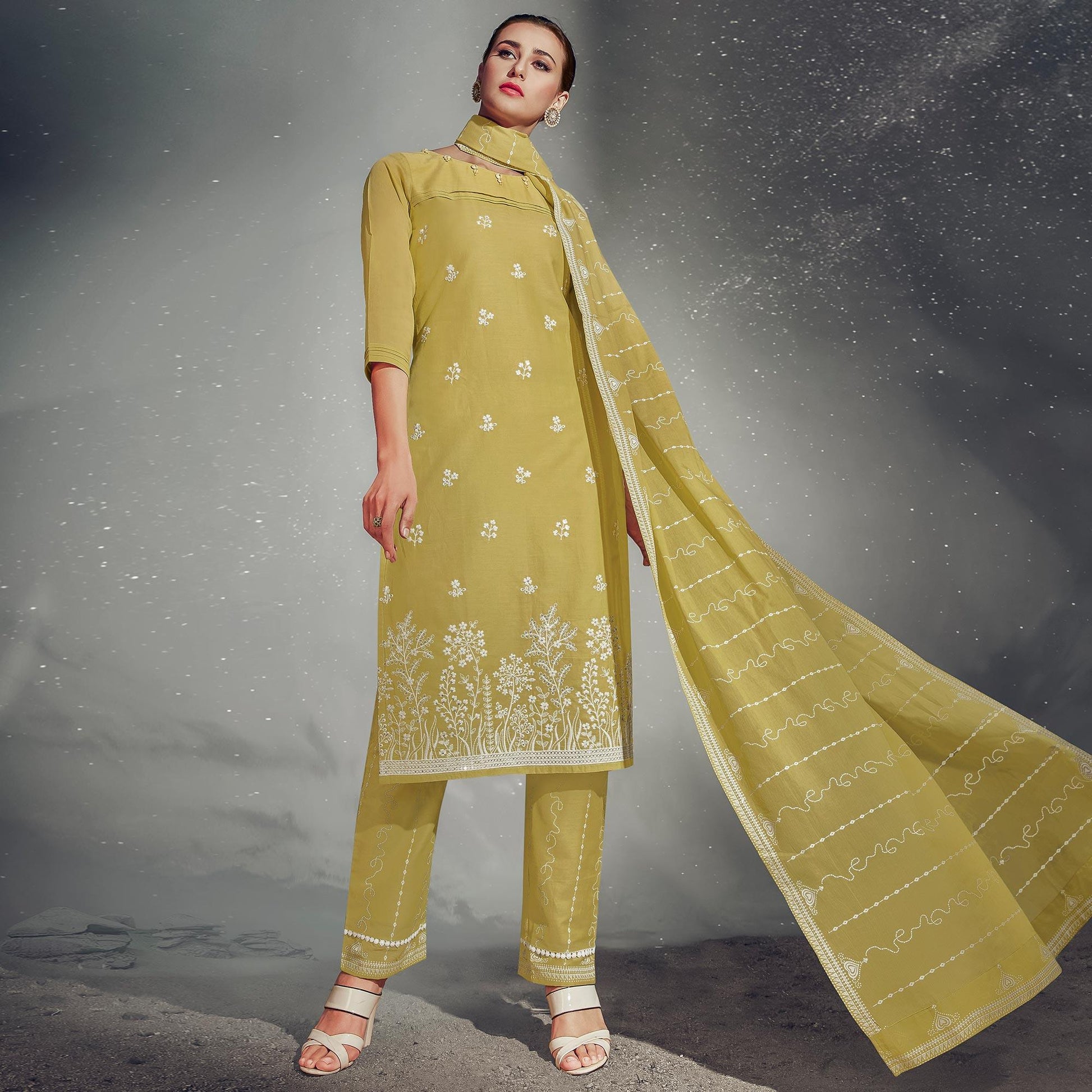 Eye-catching Olive Green Colored Partywear Embroidered Cotton Kurti-Pant Set With Dupatta