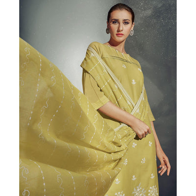Eye-catching Olive Green Colored Partywear Embroidered Cotton Kurti-Pant Set With Dupatta