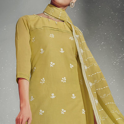 Eye-catching Olive Green Colored Partywear Embroidered Cotton Kurti-Pant Set With Dupatta