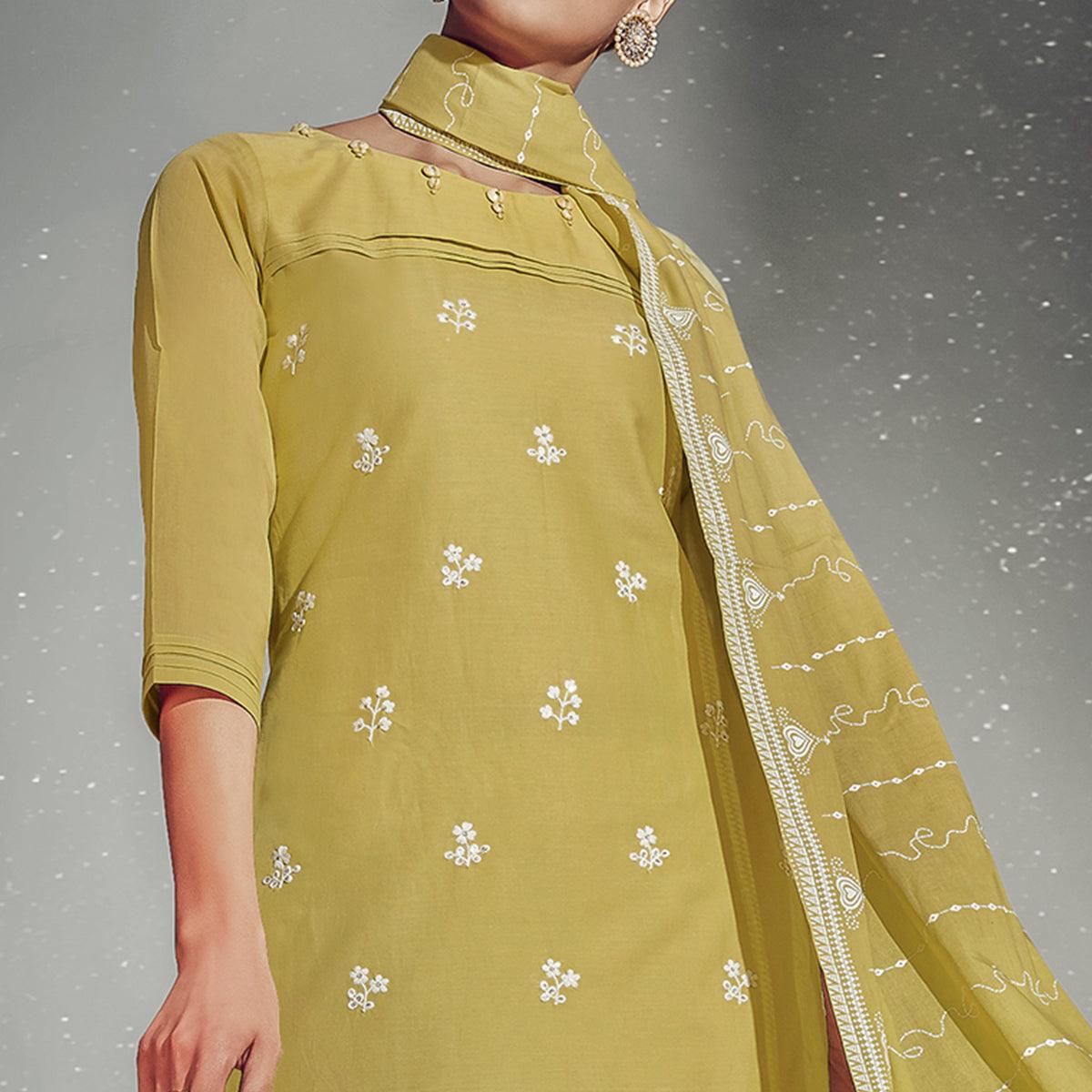 Eye-catching Olive Green Colored Partywear Embroidered Cotton Kurti-Pant Set With Dupatta
