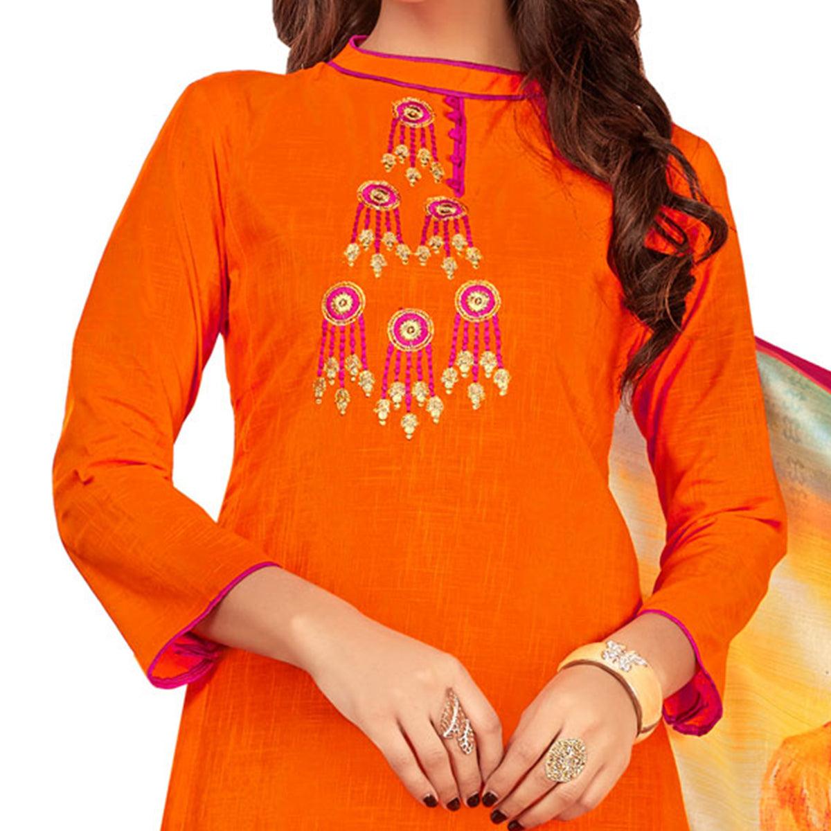 Eye-Catching Orange Colored Casual Embroidered Cotton Suit