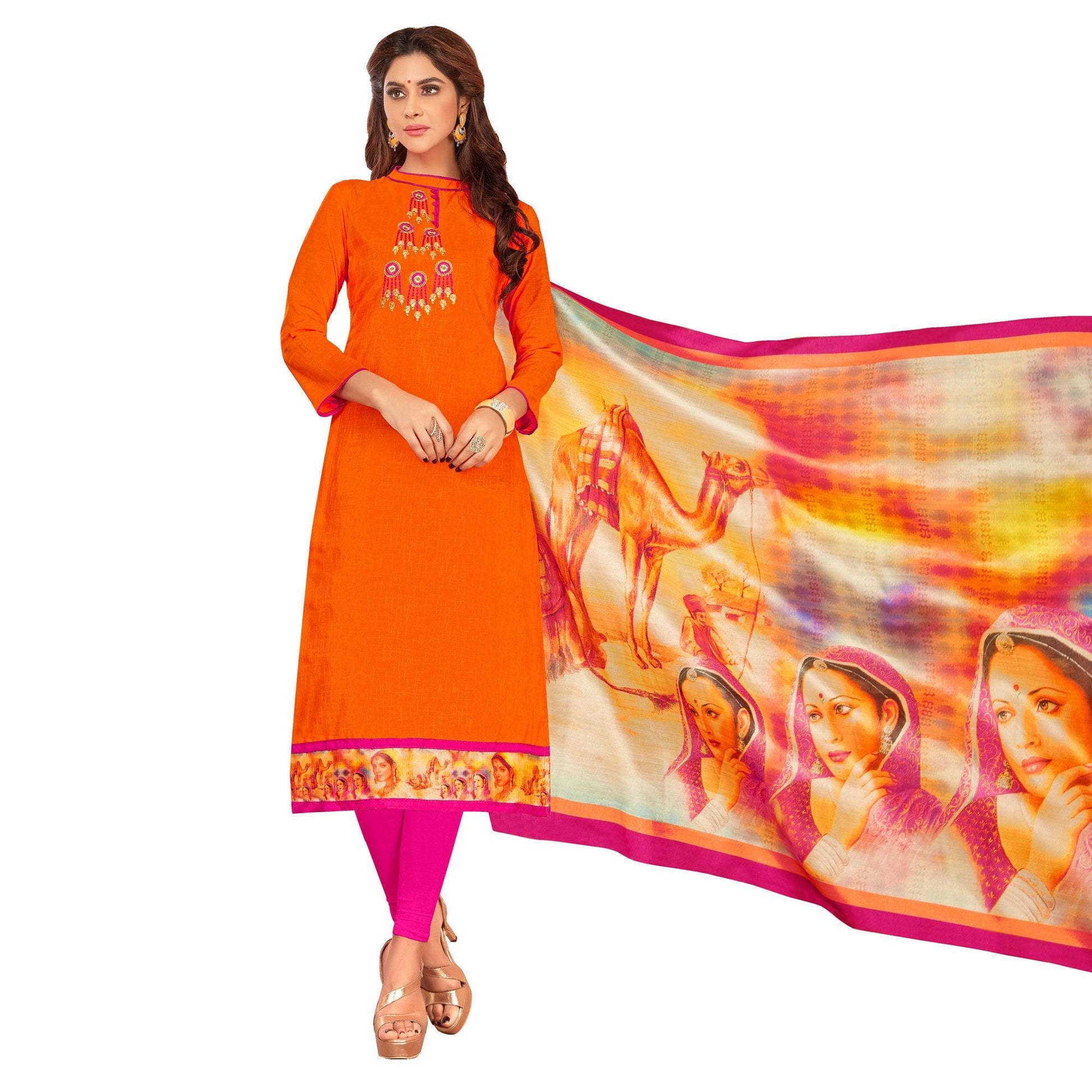 Eye-Catching Orange Colored Casual Embroidered Cotton Suit