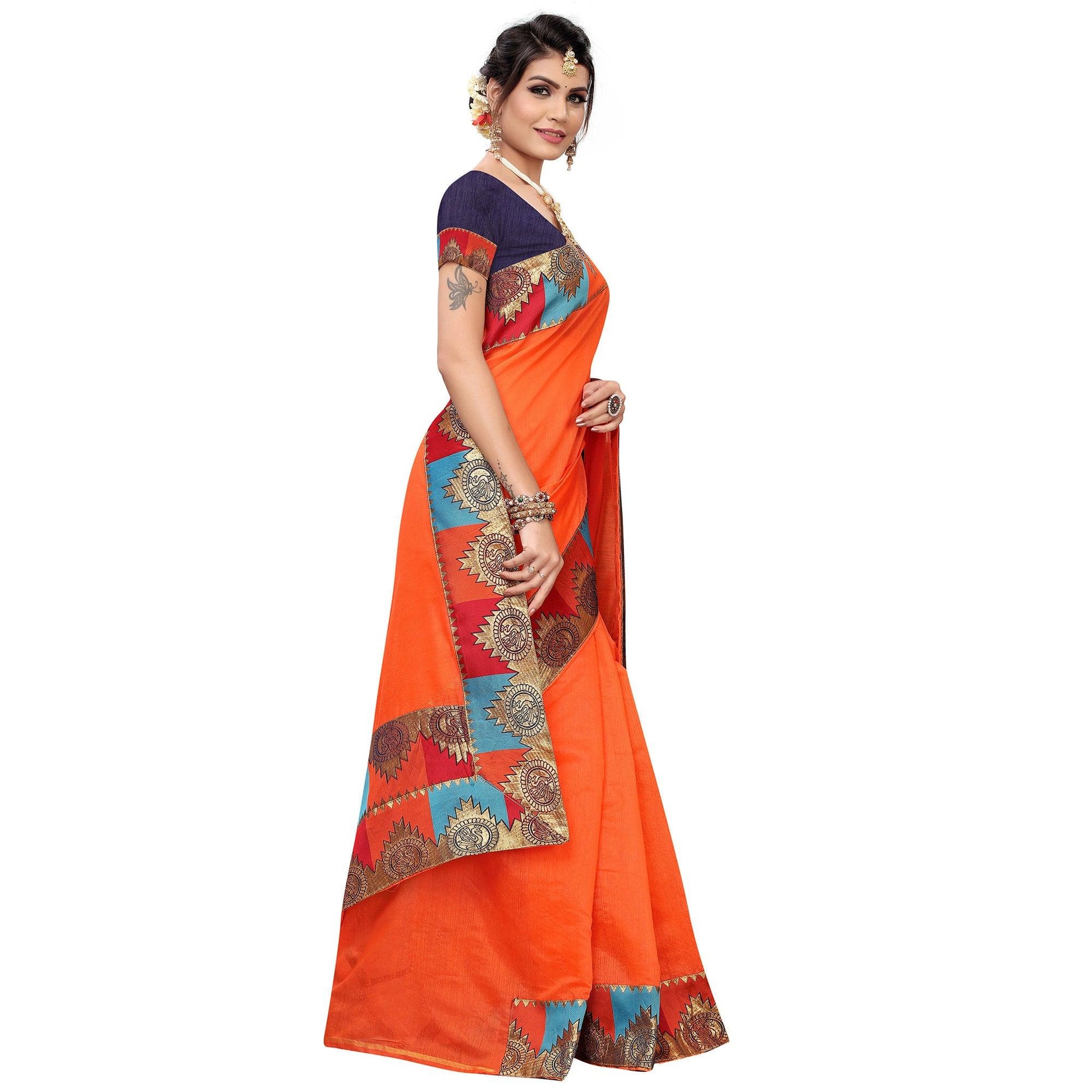Eye-catching Orange Colored Festive Wear Chanderi Silk Saree