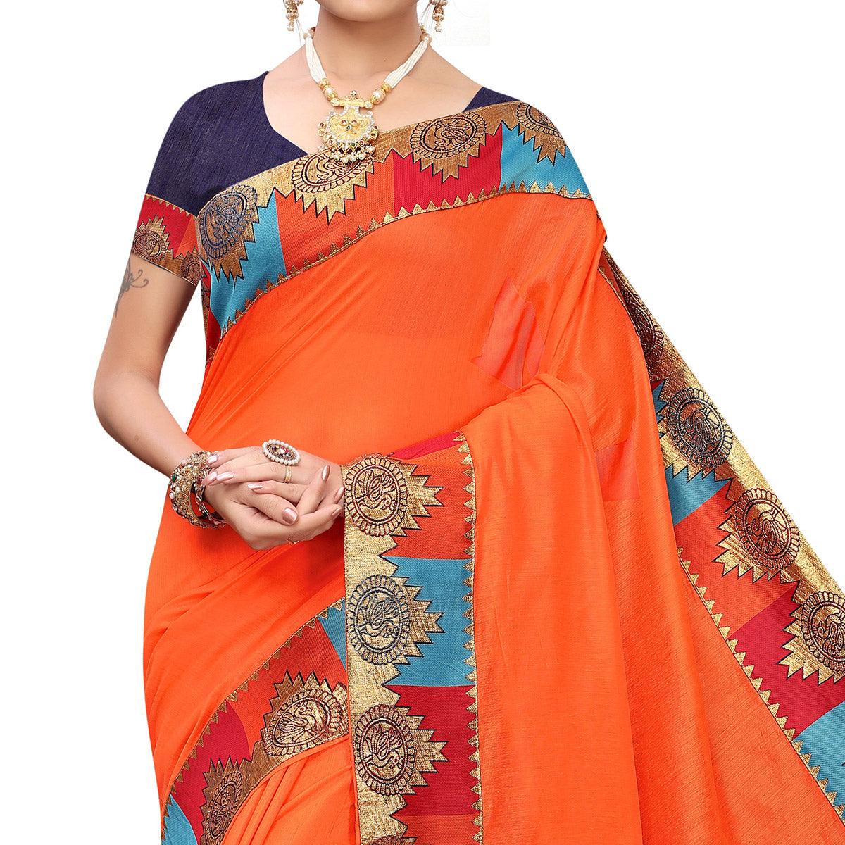 Eye-catching Orange Colored Festive Wear Chanderi Silk Saree
