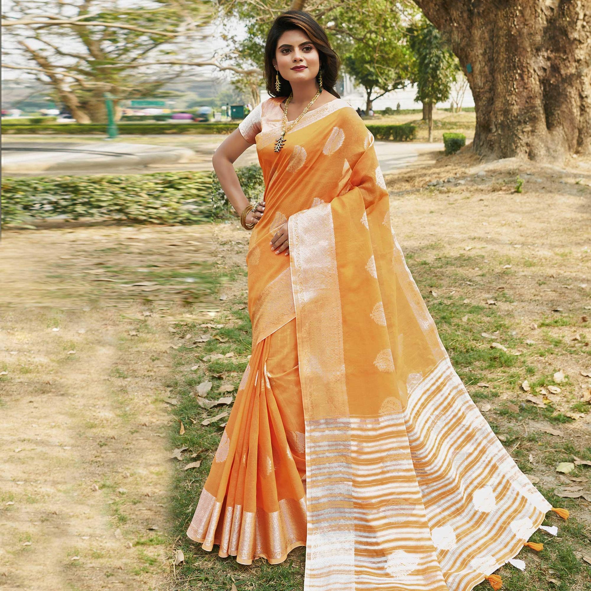 Eye-catching Orange Colored Festive Wear Woven Linen Cotton Saree