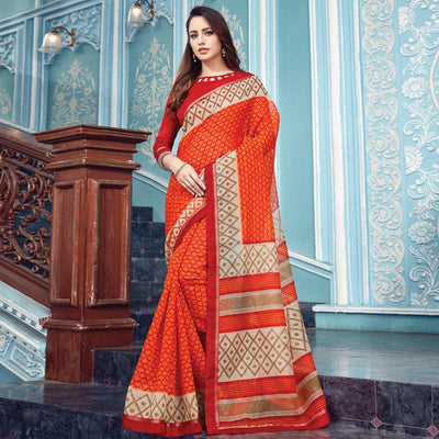 Eye-catching Orange Colored Partywear Printed Silk Saree