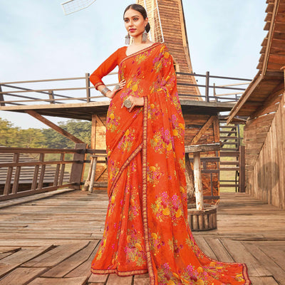 Eye-catching Orange Coloured Partywear Pure Georgette Floral Printed Saree With Fancy Lace Border