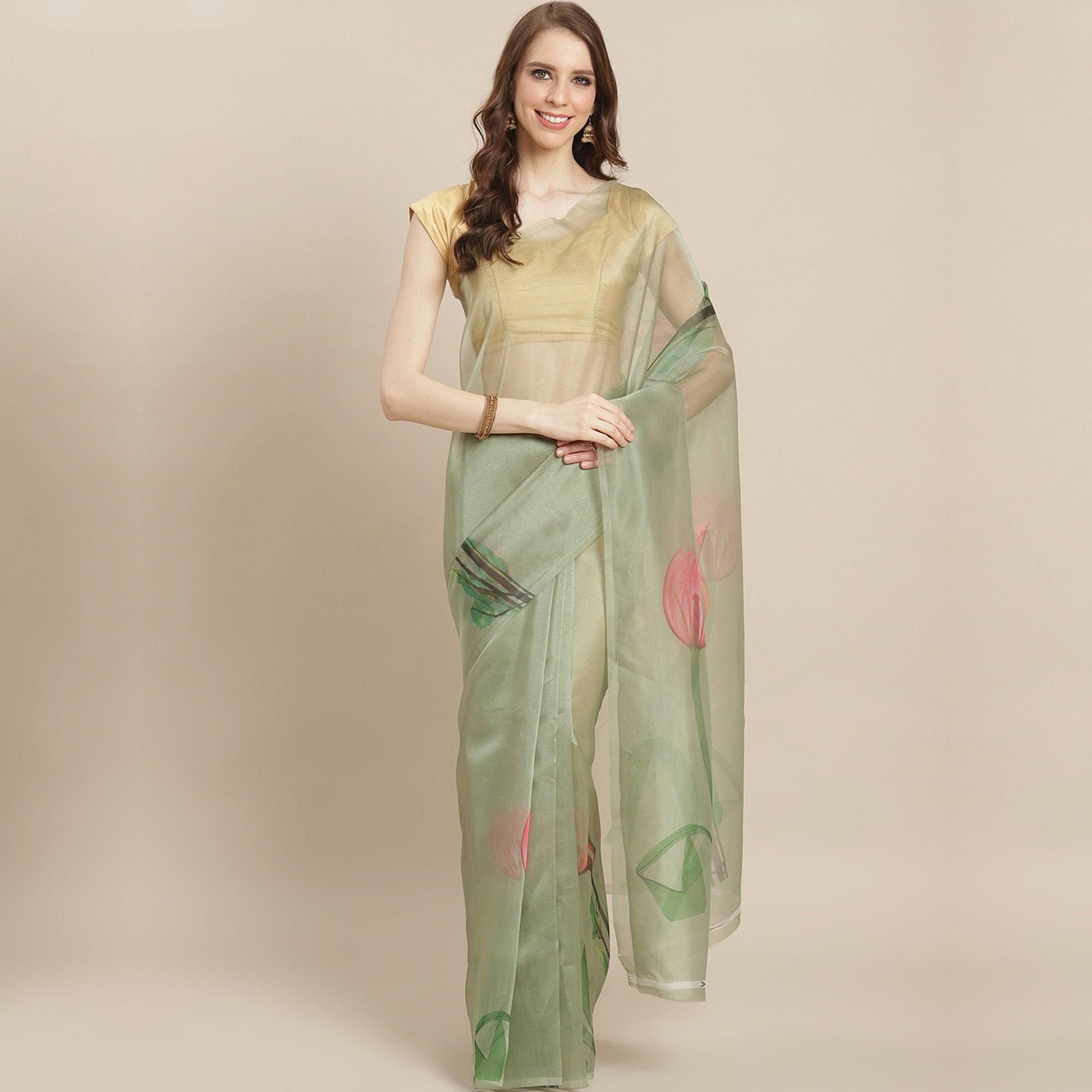 Eye-catching Pastel Green Colored Casual Wear Printed Organza Saree