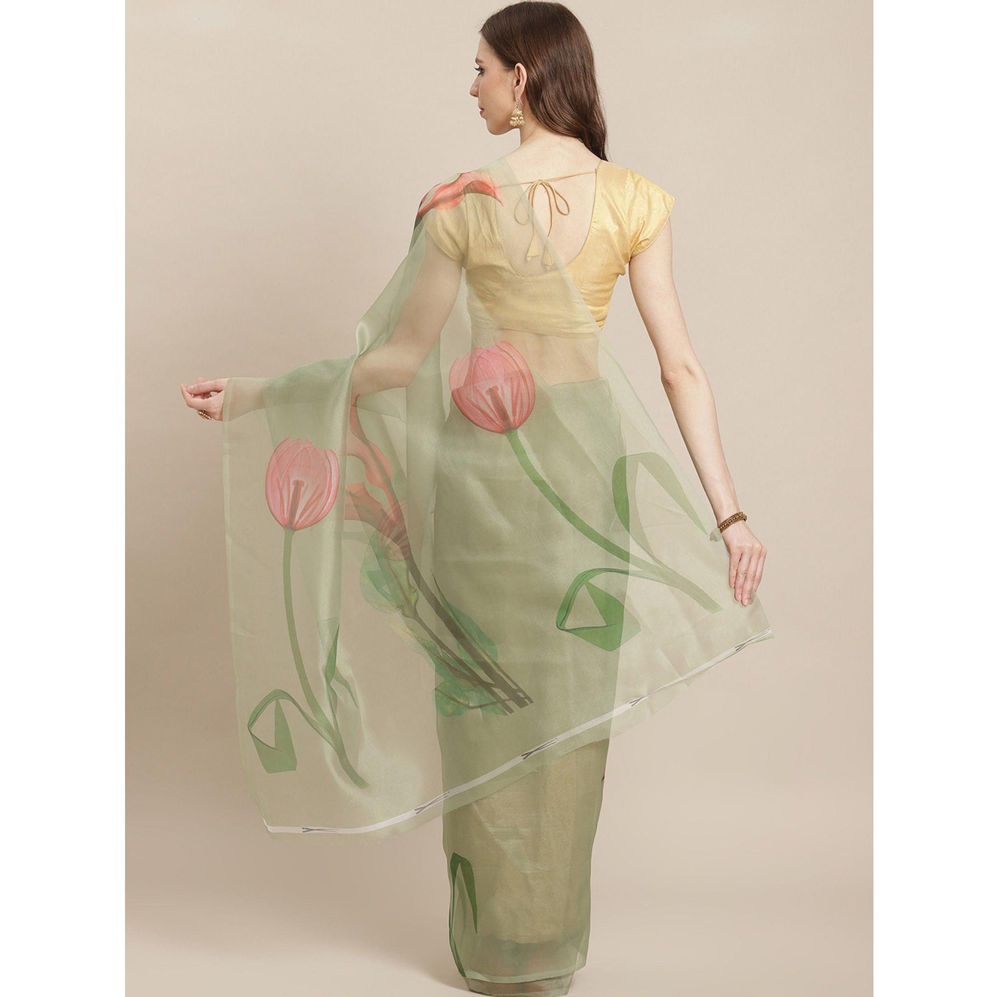 Eye-catching Pastel Green Colored Casual Wear Printed Organza Saree
