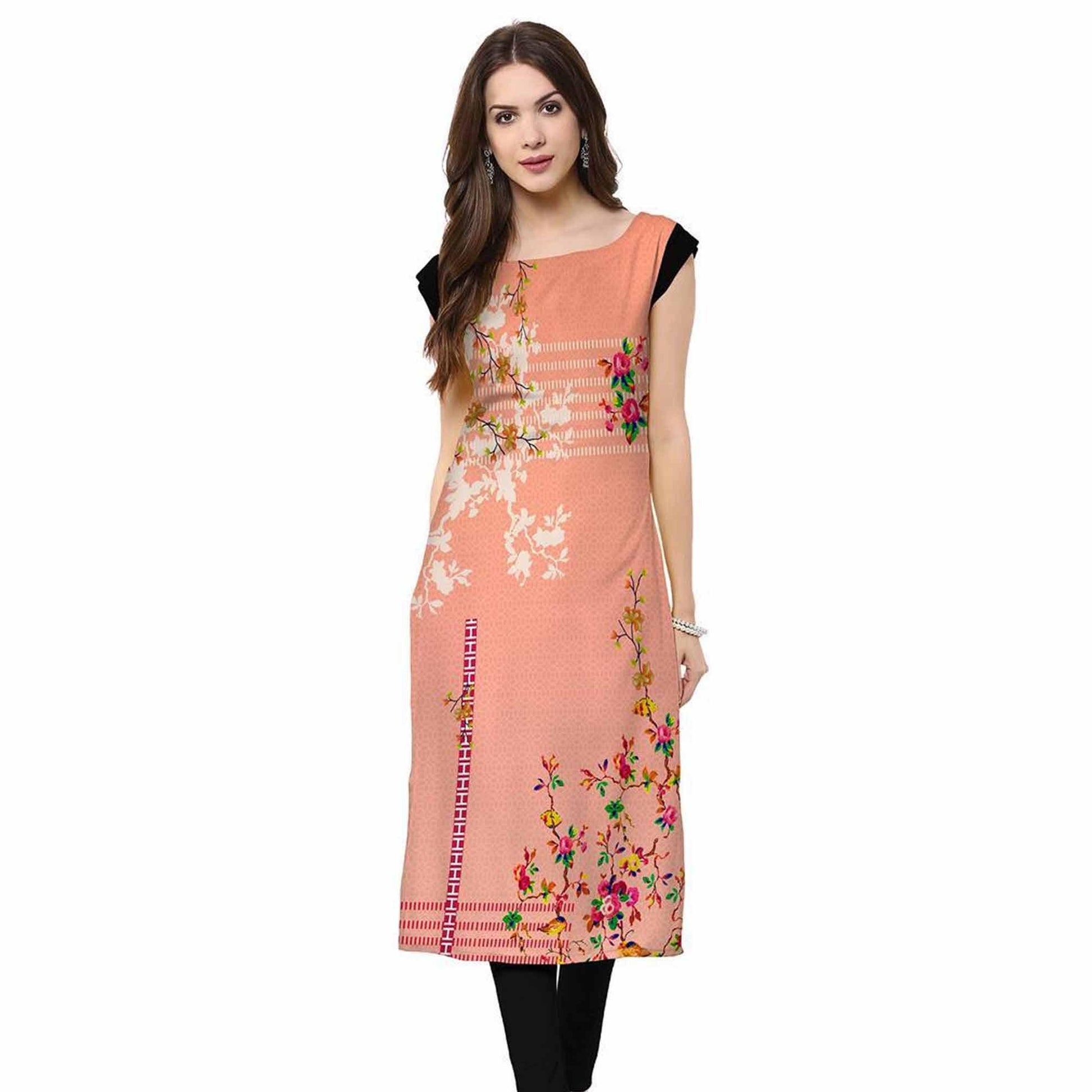 Eye-catching Peach Colored Casual Printed Crepe Kurti
