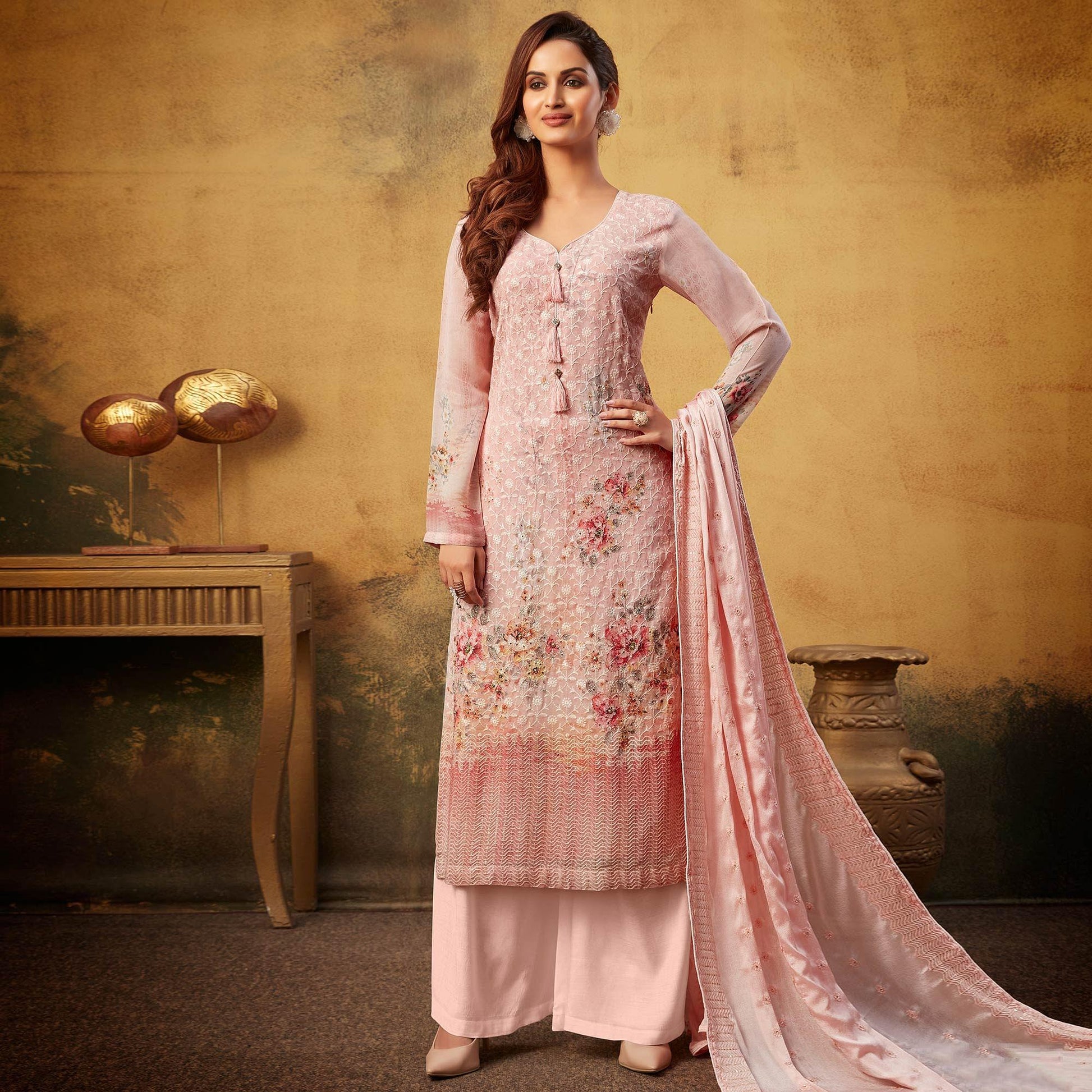 Eye-catching Peach Colored Embroidered With Digital Printed Partywear Viscose Bemberg Georgette Palazzo Suit