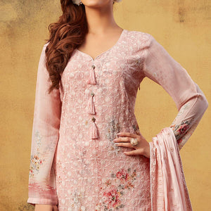 Eye-catching Peach Colored Embroidered With Digital Printed Partywear Viscose Bemberg Georgette Palazzo Suit