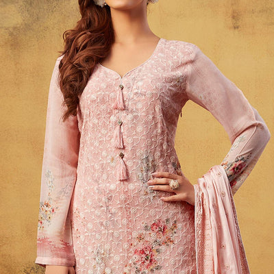Eye-catching Peach Colored Embroidered With Digital Printed Partywear Viscose Bemberg Georgette Palazzo Suit
