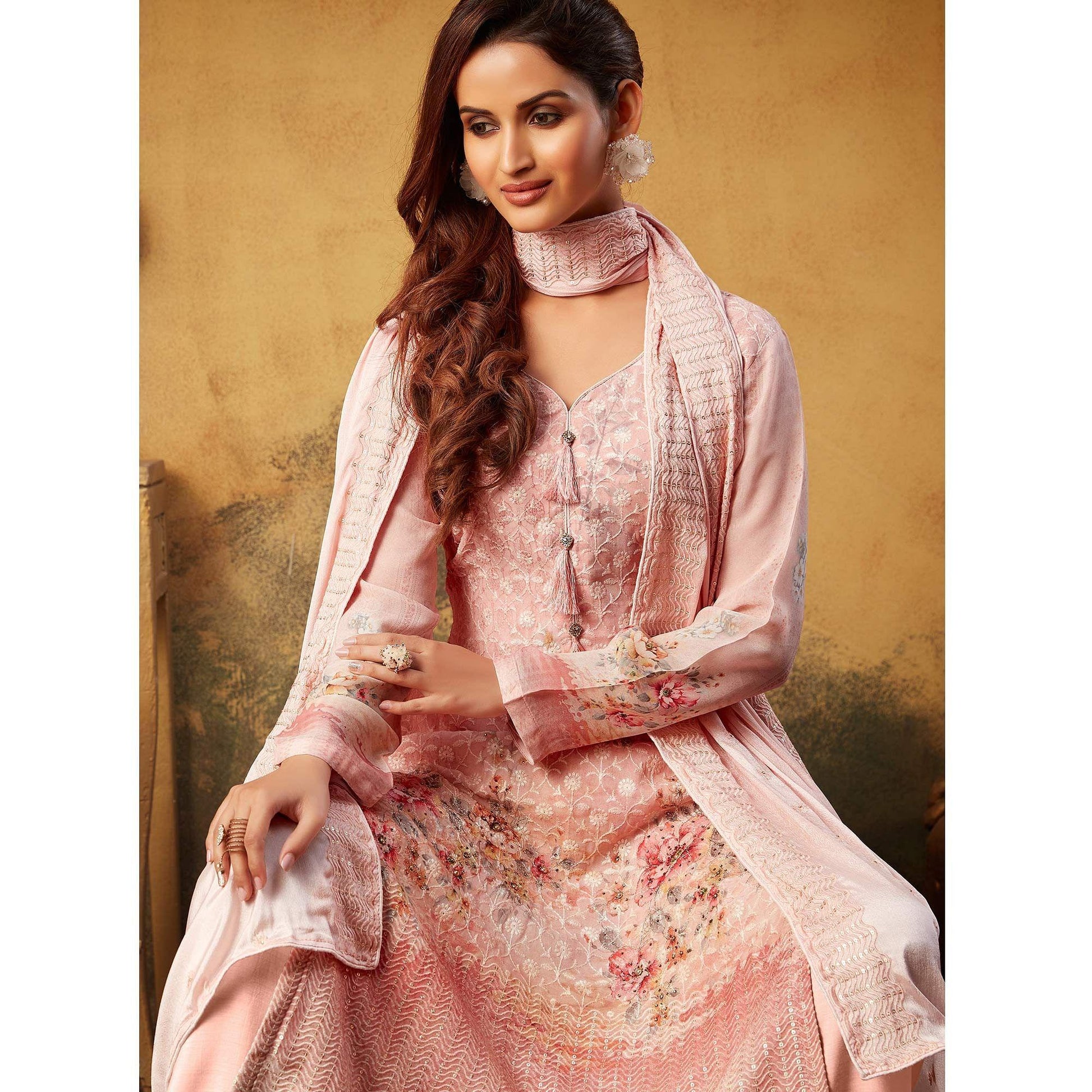 Eye-catching Peach Colored Embroidered With Digital Printed Partywear Viscose Bemberg Georgette Palazzo Suit
