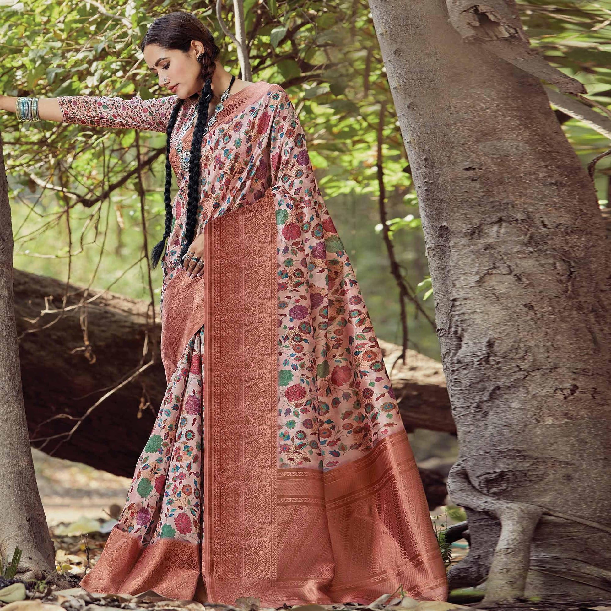 Eye-catching Peach Colored Festive Wear Digital Printed Silk Saree
