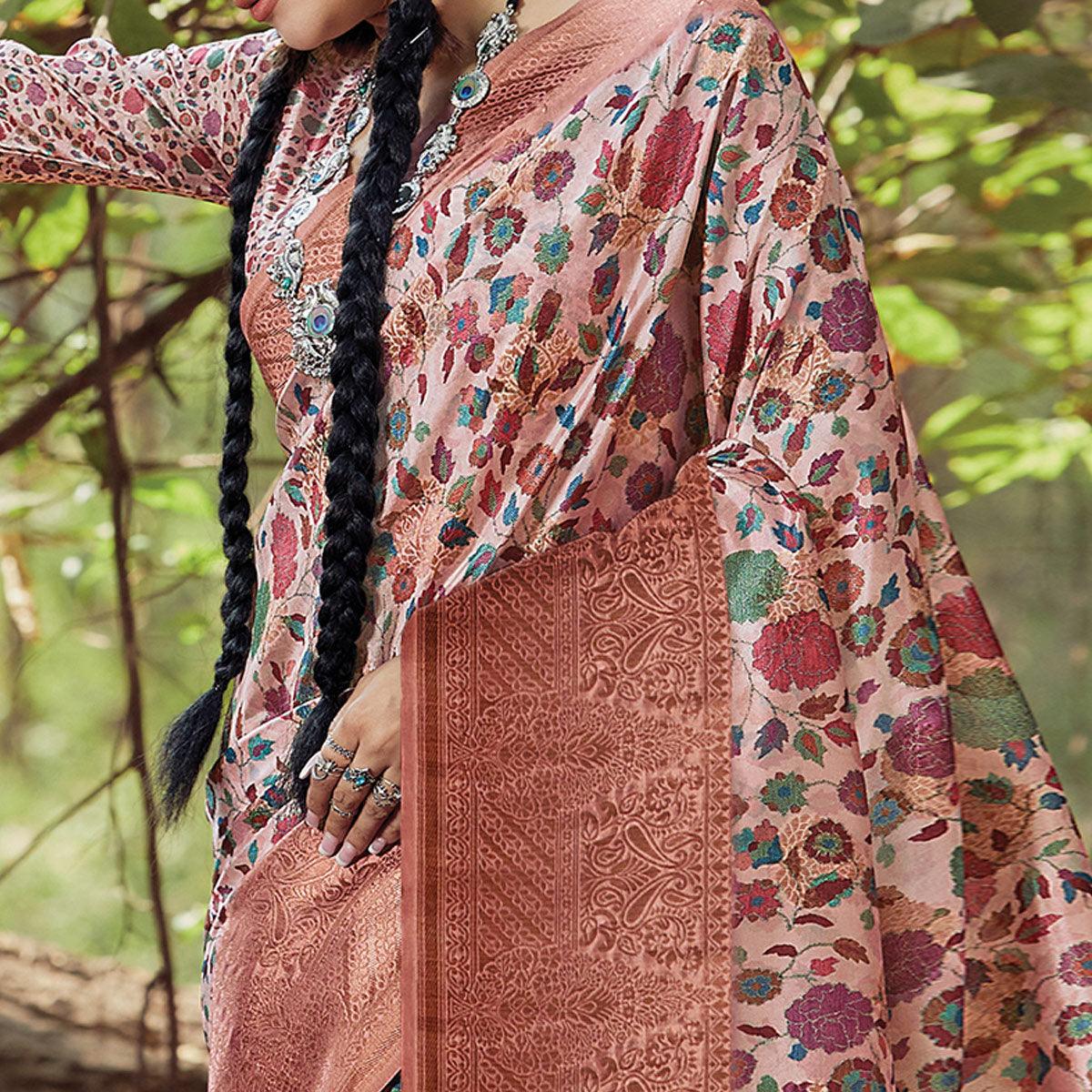 Eye-catching Peach Colored Festive Wear Digital Printed Silk Saree