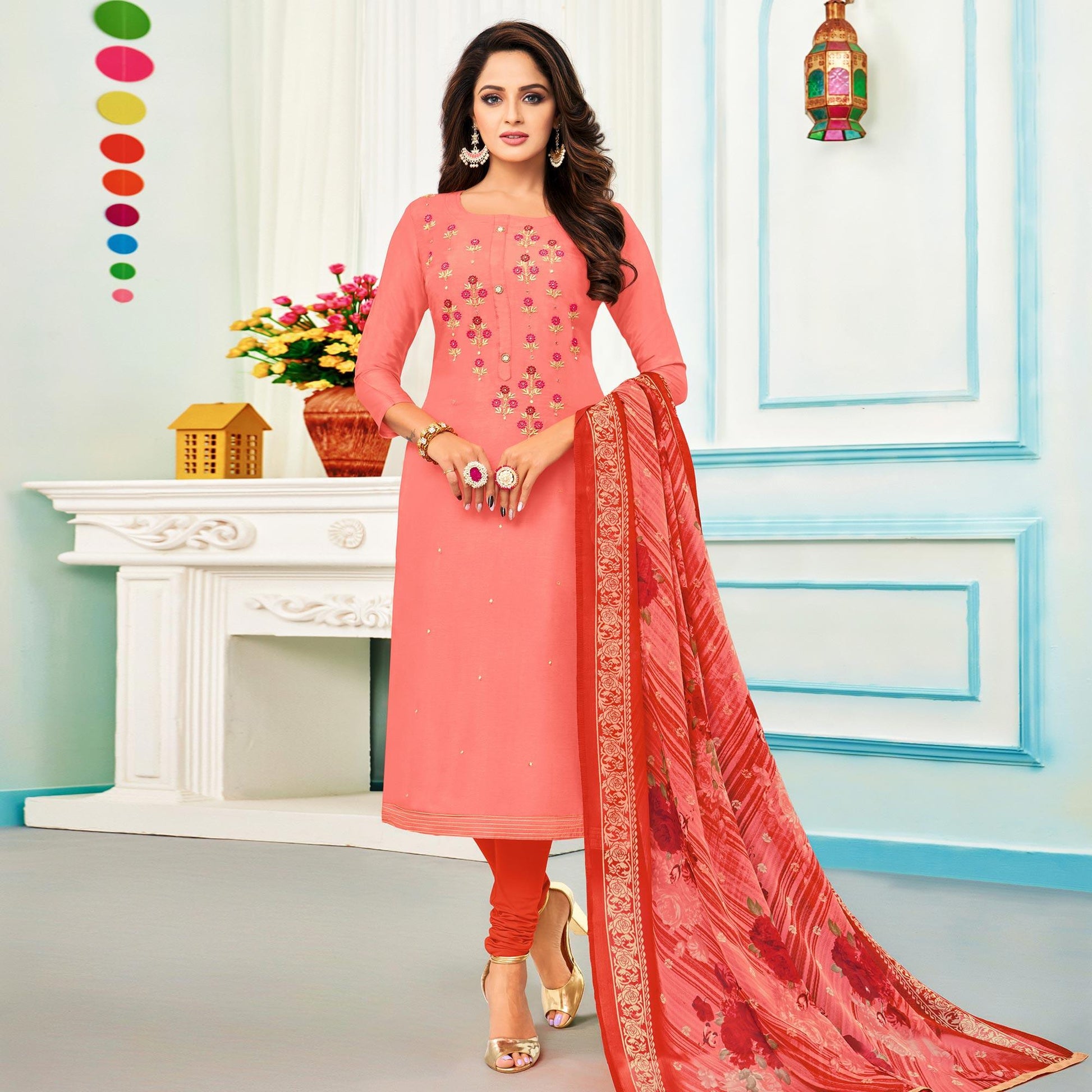 Eye-catching Pink Colored Casual Wear Embroidered Chanderi Dress Material