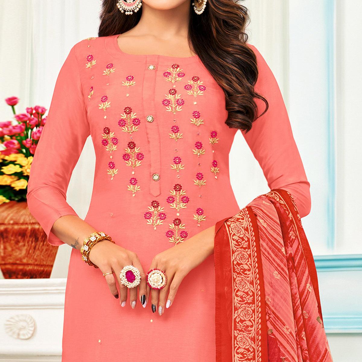 Eye-catching Pink Colored Casual Wear Embroidered Chanderi Dress Material