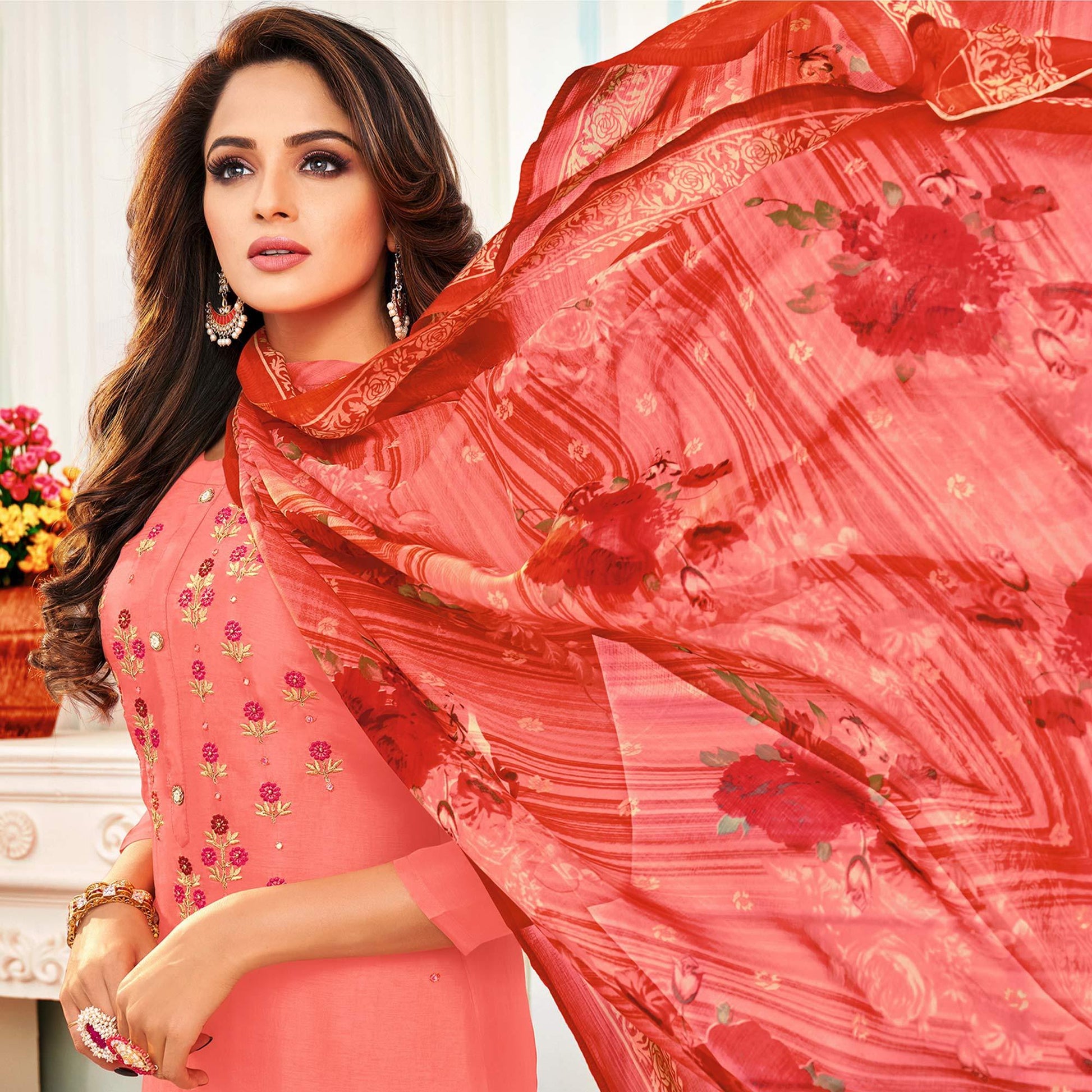 Eye-catching Pink Colored Casual Wear Embroidered Chanderi Dress Material