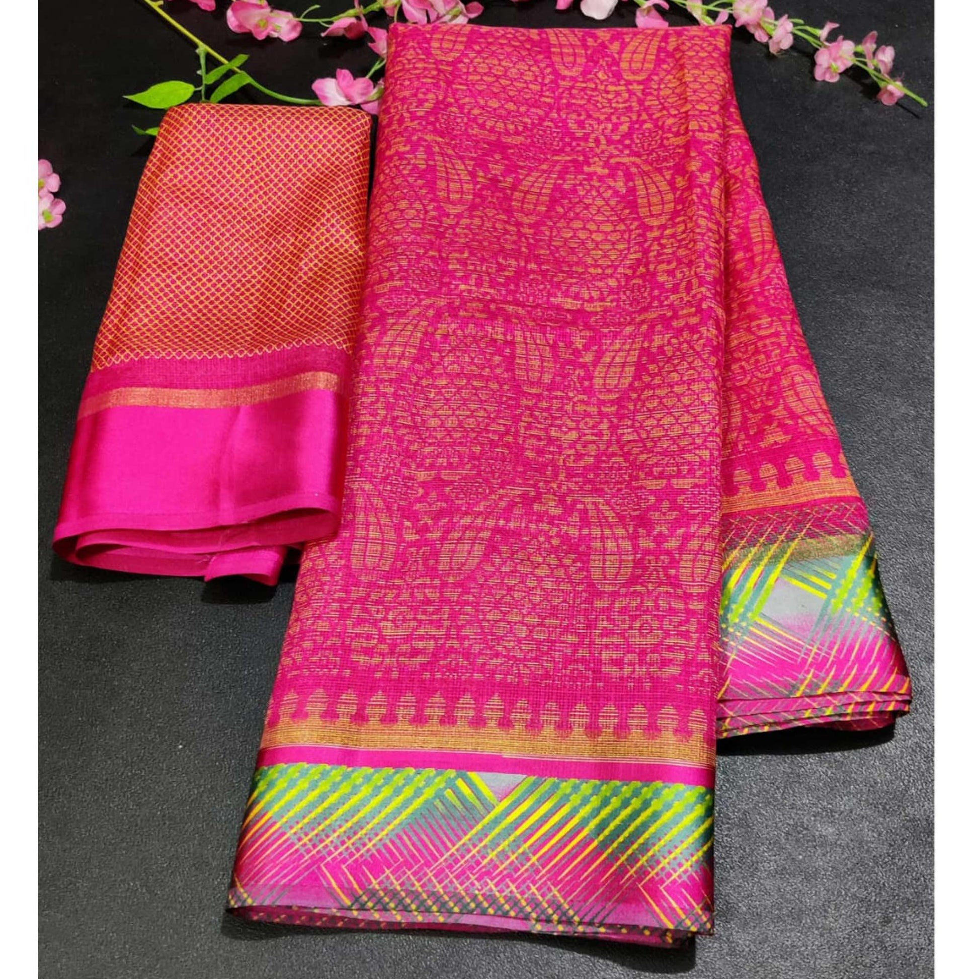 Eye-Catching Pink Colored Casual Wear Printed Silk Saree