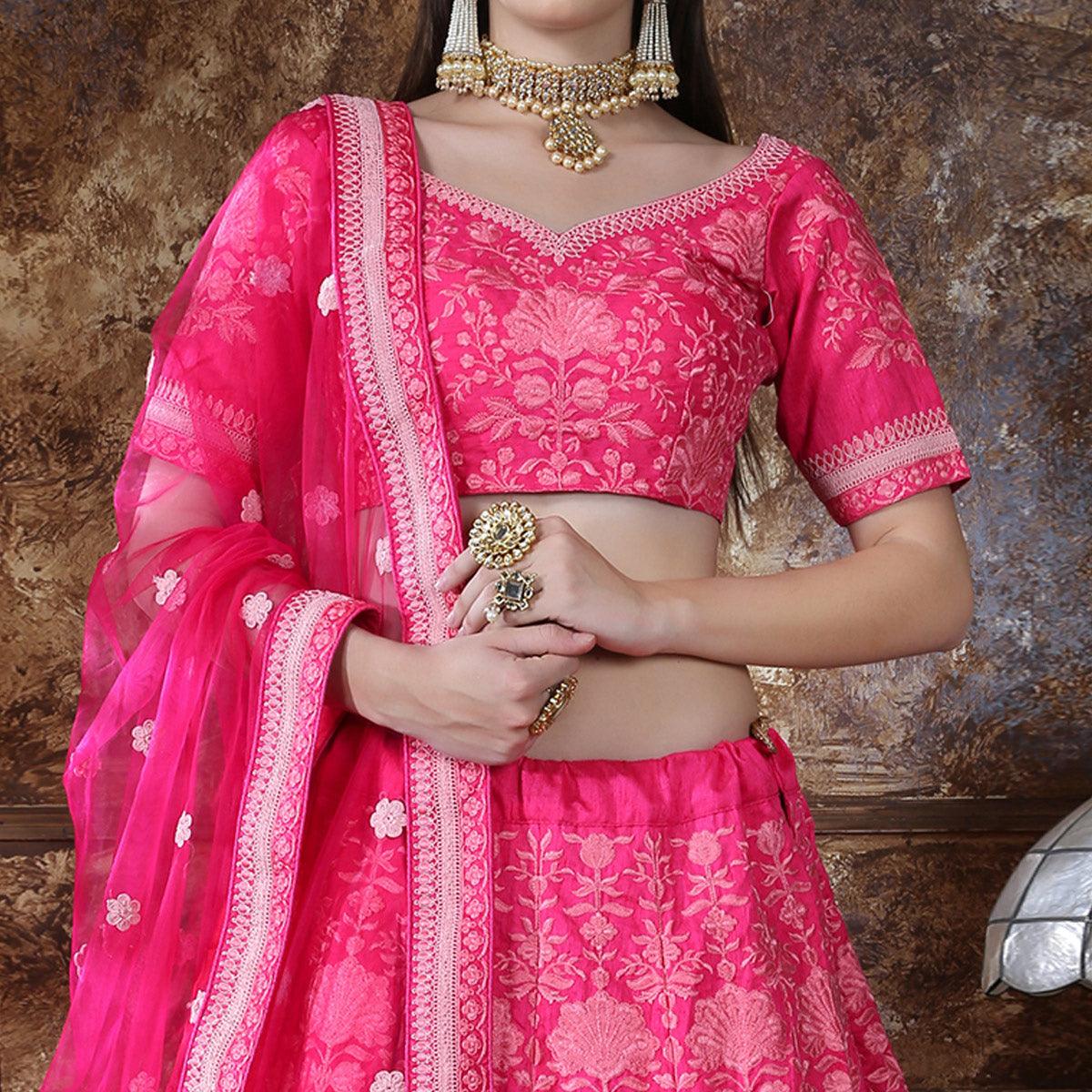 Eye-catching Pink Colored Partywear Embroidered Silk Lehenga Choli