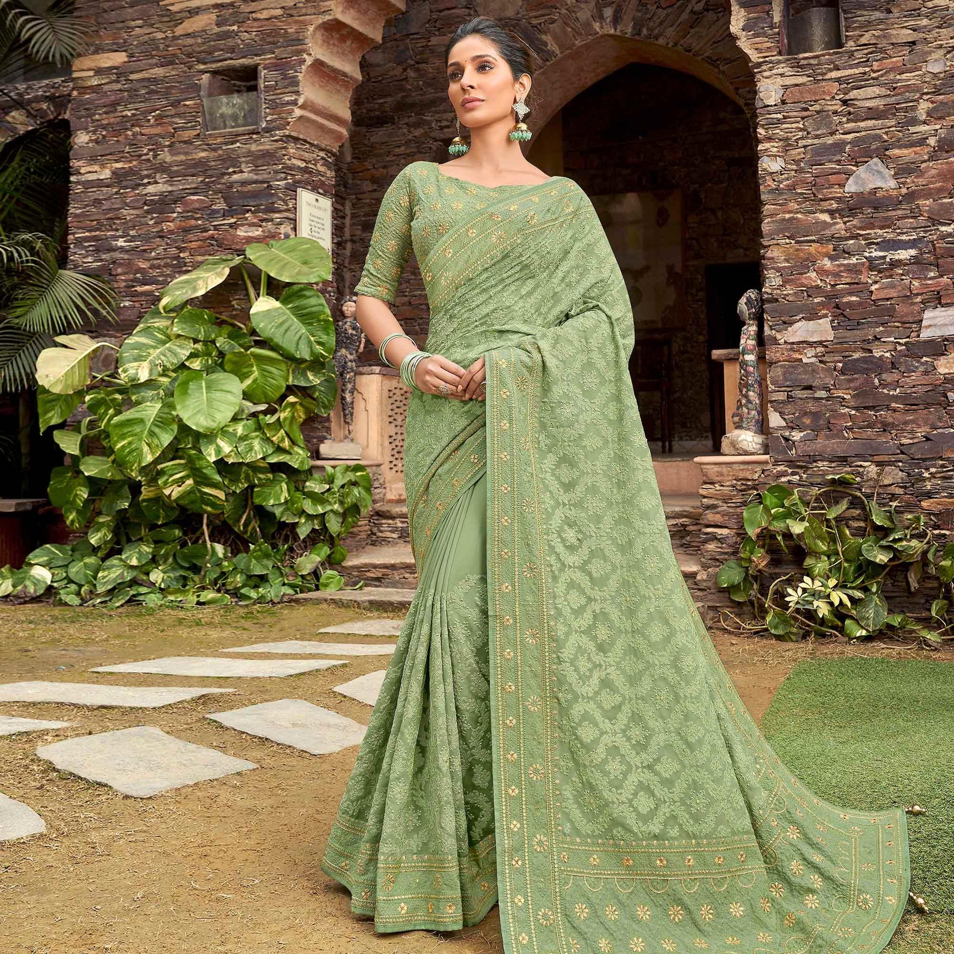 Eye-catching Pista Green Colored Partywear Embroidered Satin - Gerogette Saree