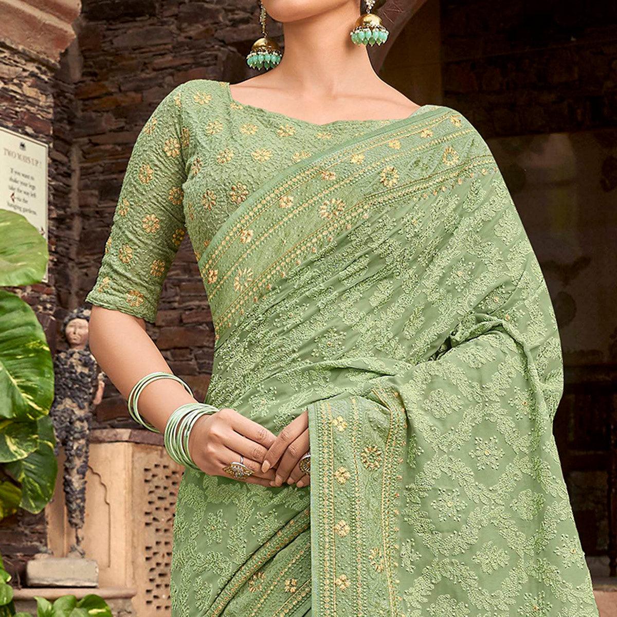Eye-catching Pista Green Colored Partywear Embroidered Satin - Gerogette Saree