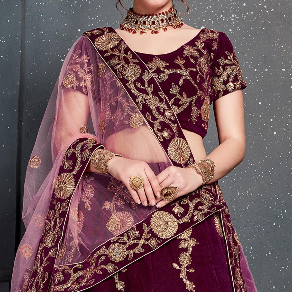 Eye-catching Purple Colored Wedding Wear Embroidered Velvet Lehenga Choli