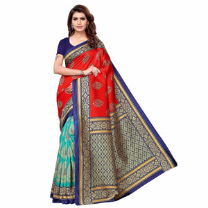 Eye-catching Red - Aqua Blue Colored Casual Wear Printed Art Silk Saree
