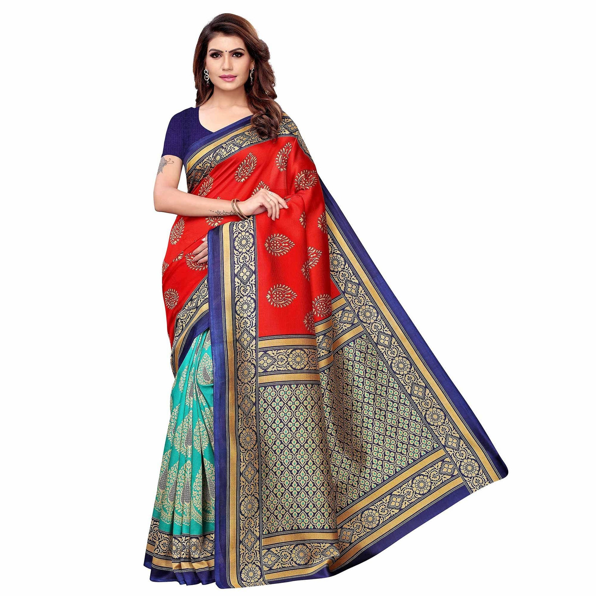 Eye-catching Red - Aqua Blue Colored Casual Wear Printed Art Silk Saree
