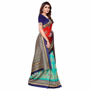 Eye-catching Red - Aqua Blue Colored Casual Wear Printed Art Silk Saree