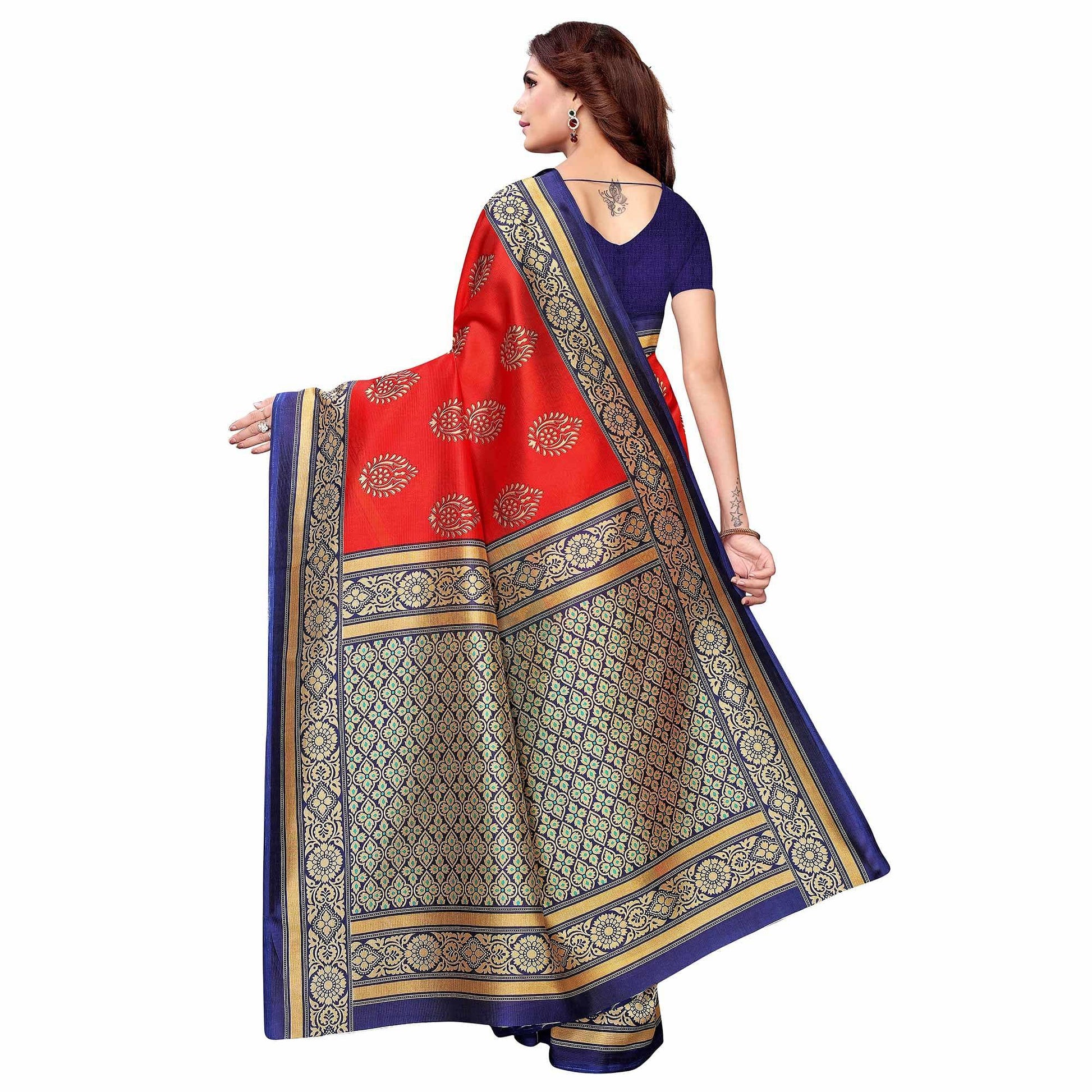 Eye-catching Red - Aqua Blue Colored Casual Wear Printed Art Silk Saree