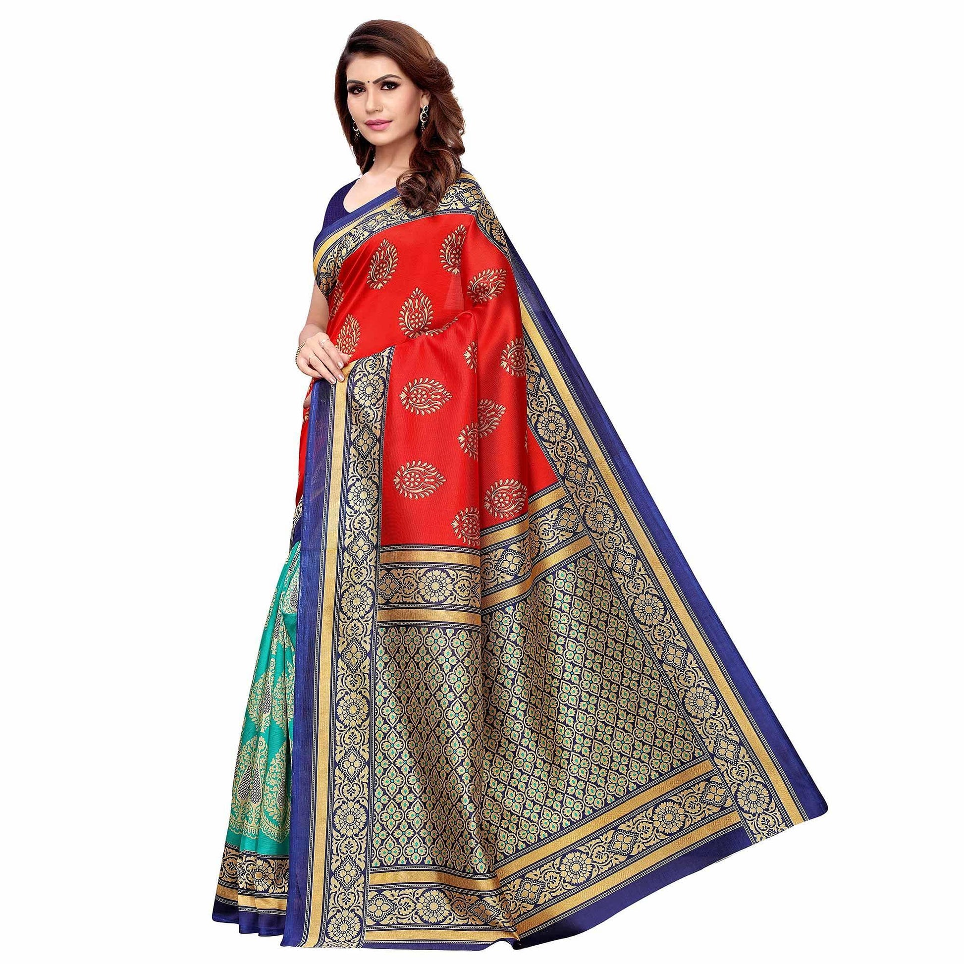Eye-catching Red - Aqua Blue Colored Casual Wear Printed Art Silk Saree