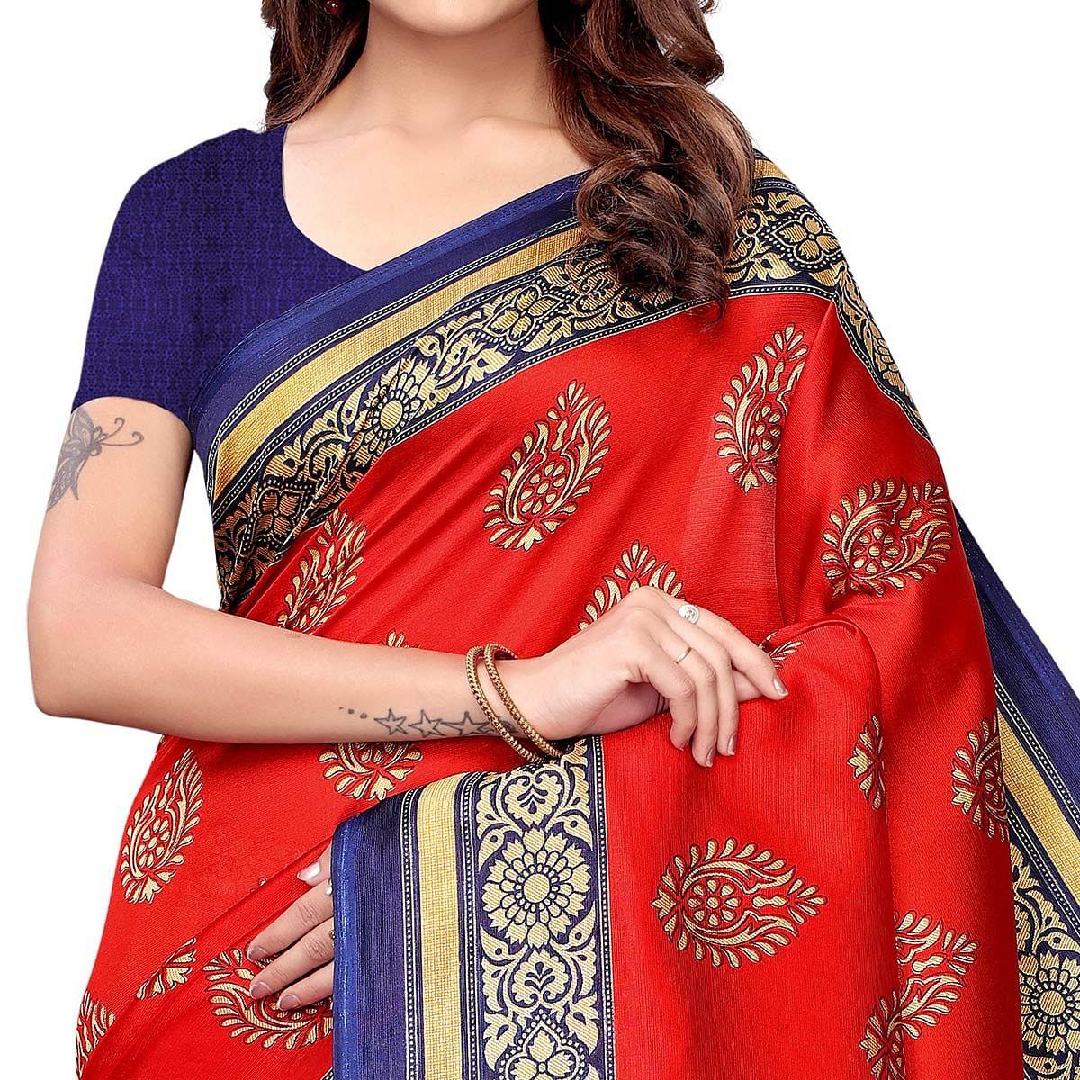 Eye-catching Red - Aqua Blue Colored Casual Wear Printed Art Silk Saree