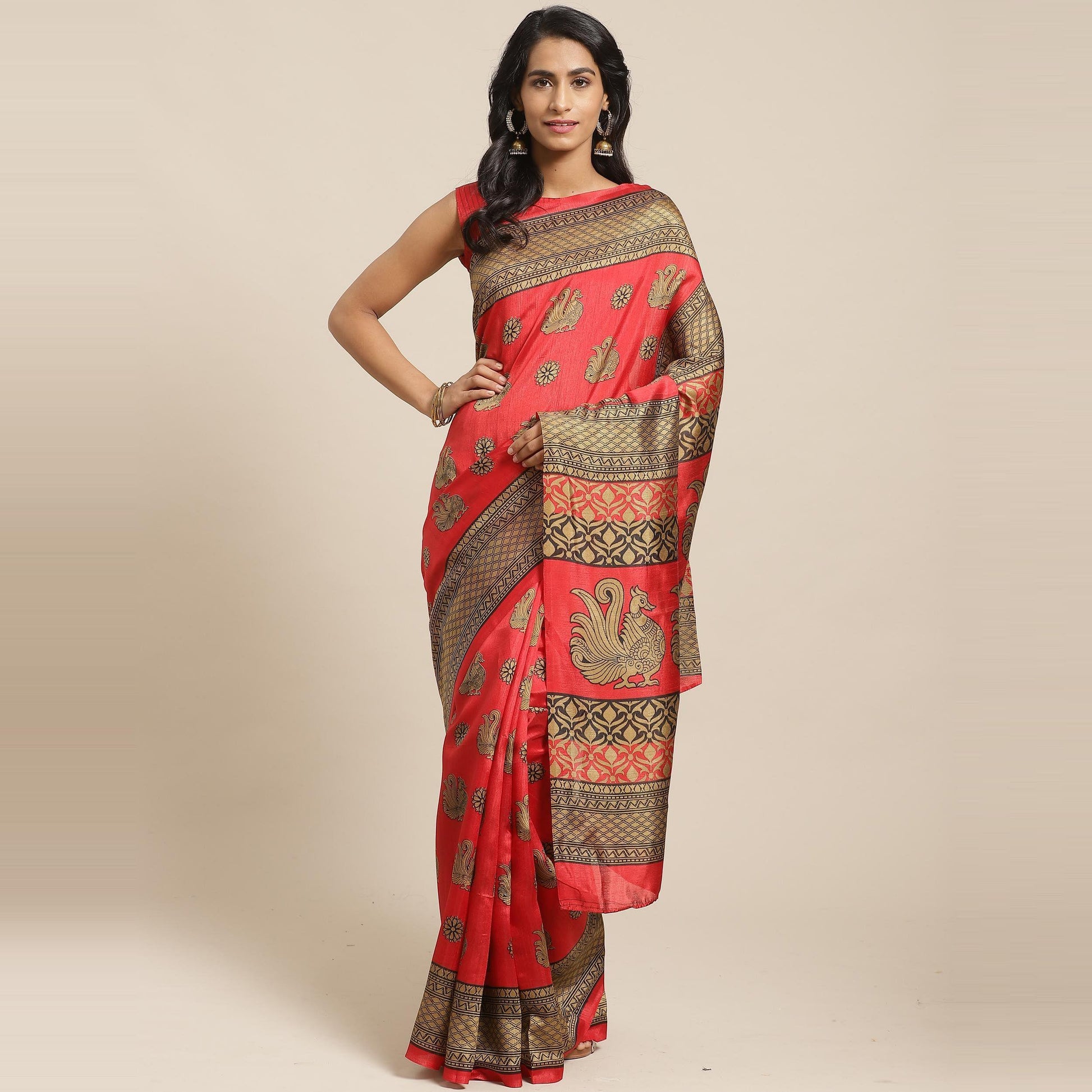 Eye-catching Red Colored Casual Wear Printed Silk Blend Saree