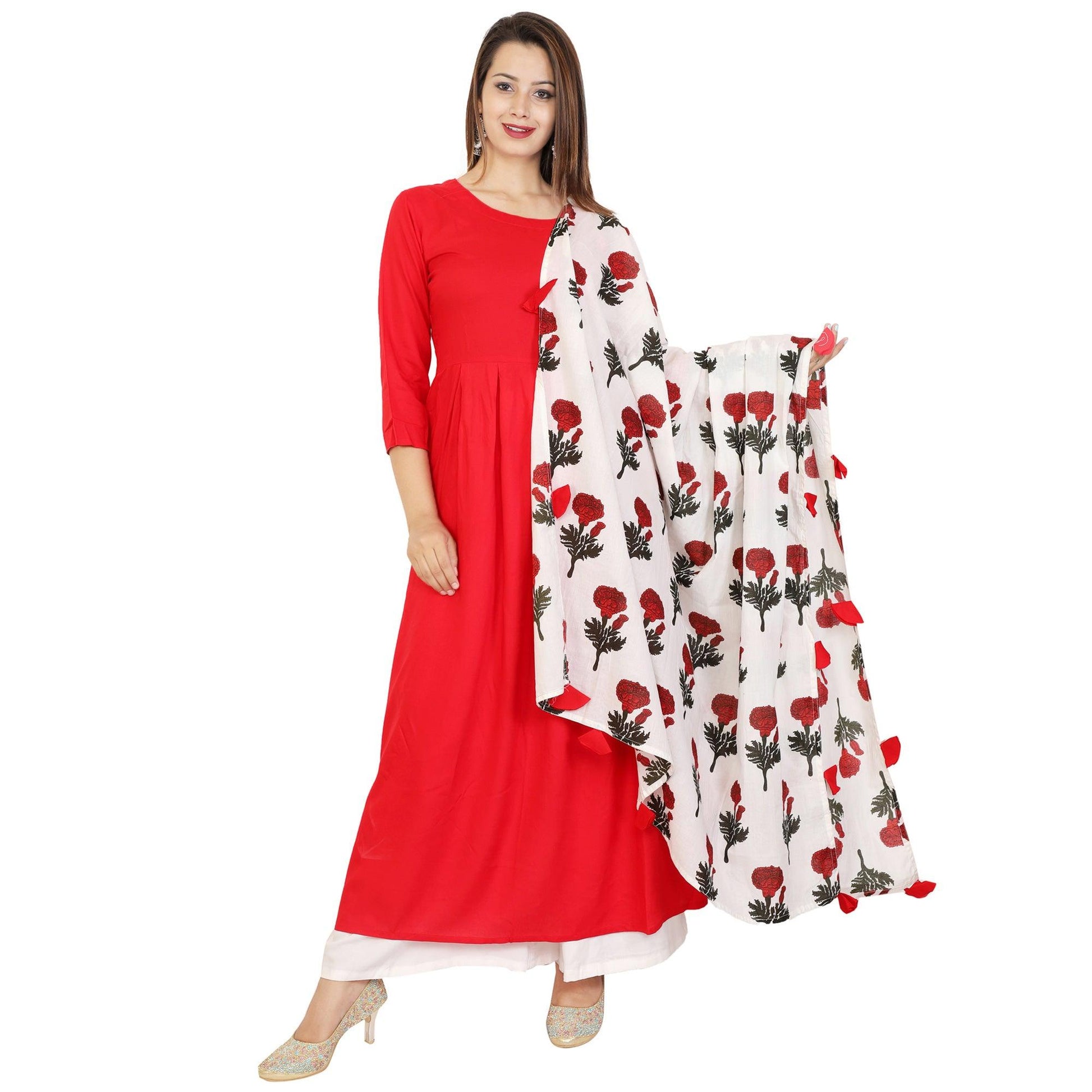 Eye-catching Red Colored Casual Wear Viscose Kurti With Dupatta