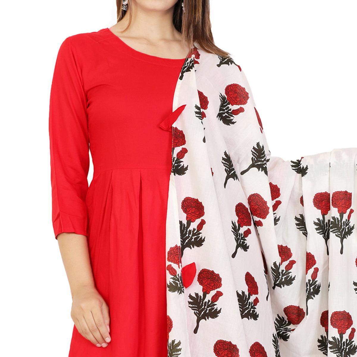 Eye-catching Red Colored Casual Wear Viscose Kurti With Dupatta
