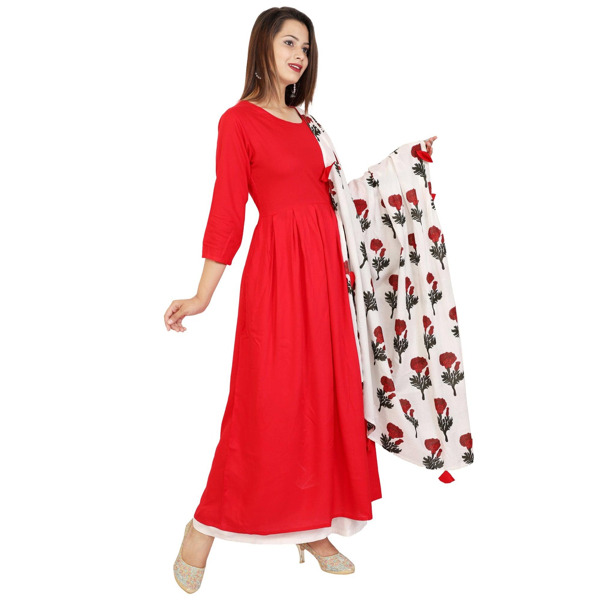 Eye-catching Red Colored Casual Wear Viscose Kurti With Dupatta