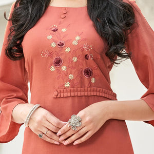 Eye-catching Rust Orange Colored Partywear Embroidered Cotton Slub Kurti Palazzo Set