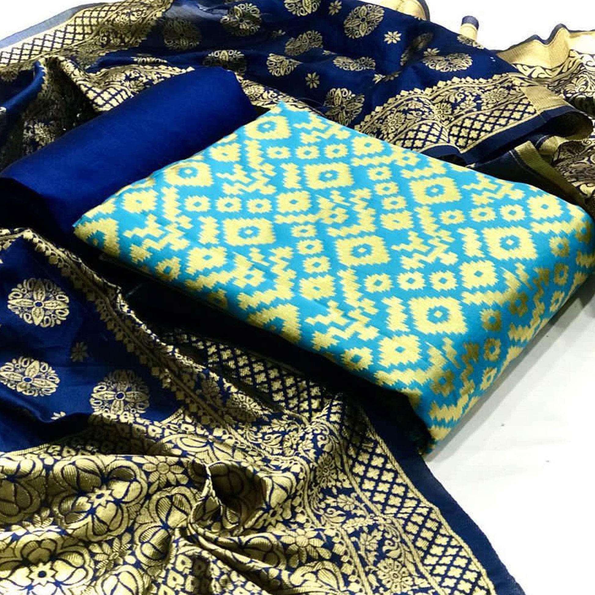 Eye-catching Sea Green Colored Casual Wear Banarasi Silk Dress Material