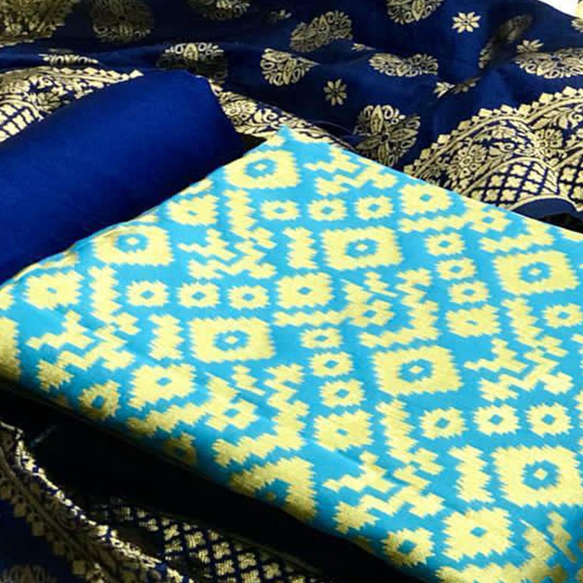 Eye-catching Sea Green Colored Casual Wear Banarasi Silk Dress Material